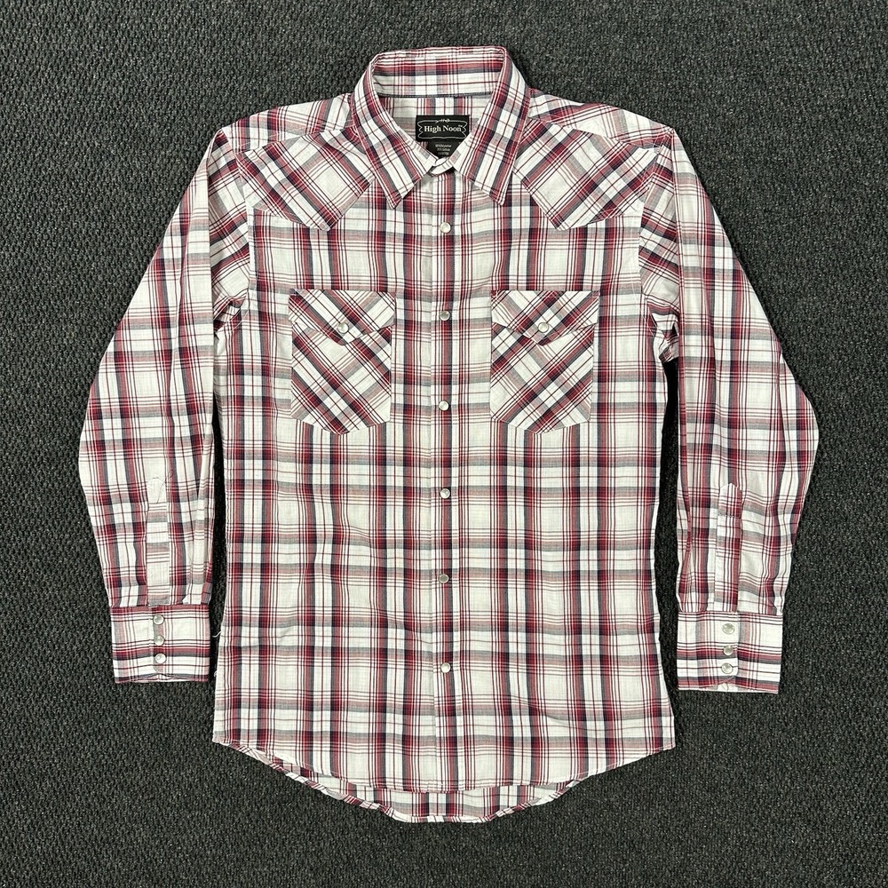 High Noon Men's Western Pearl Snap Shirt Small Red White Plaid Long Sleeve Rodeo